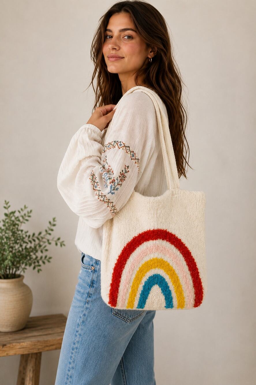Free People Fun Rainbow Wool Blend Sweater Bag Tote